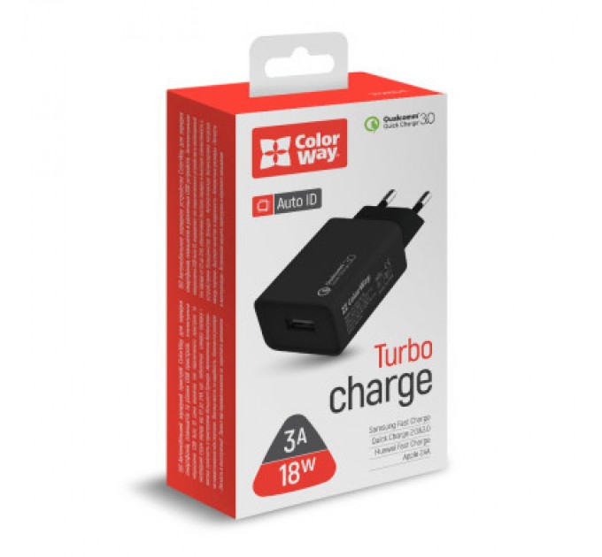 ColorWay Зарядний пристрій ColorWay 1USB Quick Charge 3.0 (18W) black (CW-CHS013Q-BK)