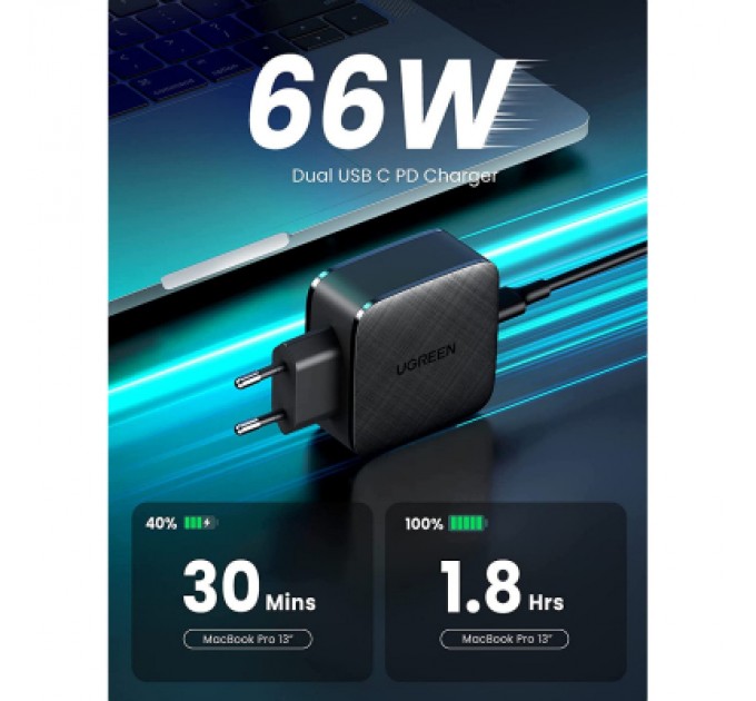 Ugreen Зарядний пристрій Ugreen CD216 66W 2xType-C PD Charger (Black) (70867)