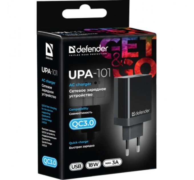 Defender Зарядний пристрій Defender UPA-101 black, 1 USB, QC 3.0, 18W (83573)