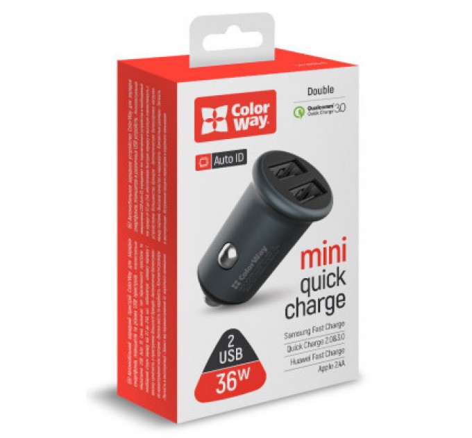 ColorWay Зарядний пристрій ColorWay 2USB Quick Charge 3.0 (36W) Gray (CW-CHA036Q-GR)