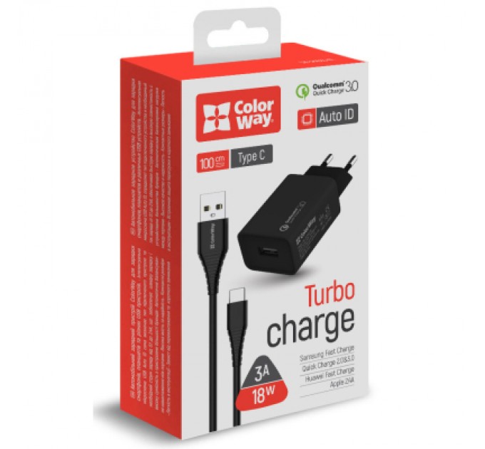 ColorWay Зарядний пристрій ColorWay 1USB Quick Charge 3.0 (18W) black + cable Type C (CW-CHS013QCC-BK)