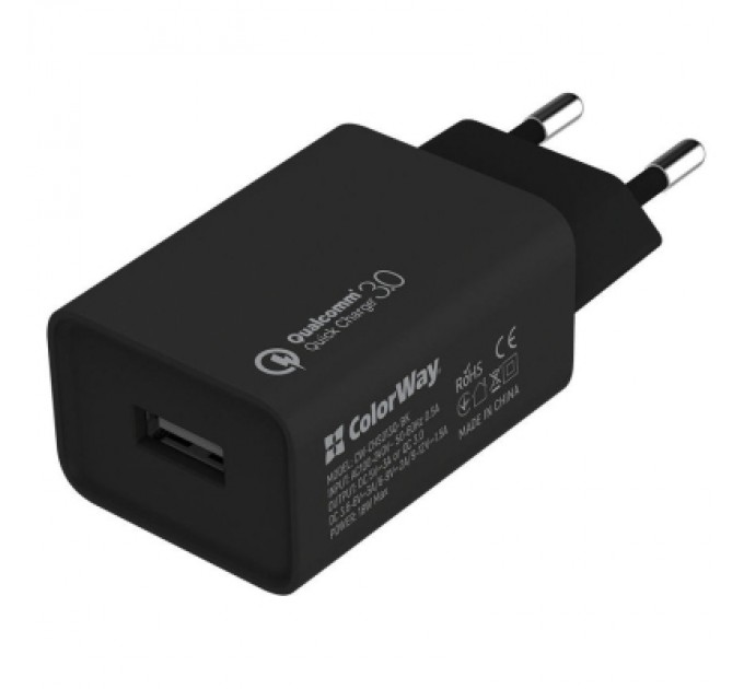 ColorWay Зарядний пристрій ColorWay 1USB Quick Charge 3.0 (18W) black + cable Type C (CW-CHS013QCC-BK)
