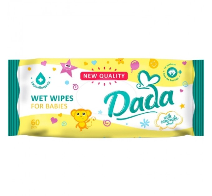 Dada Дитячі вологі серветки Dada з екстрактом ромашки, 60 шт (4820174980382)