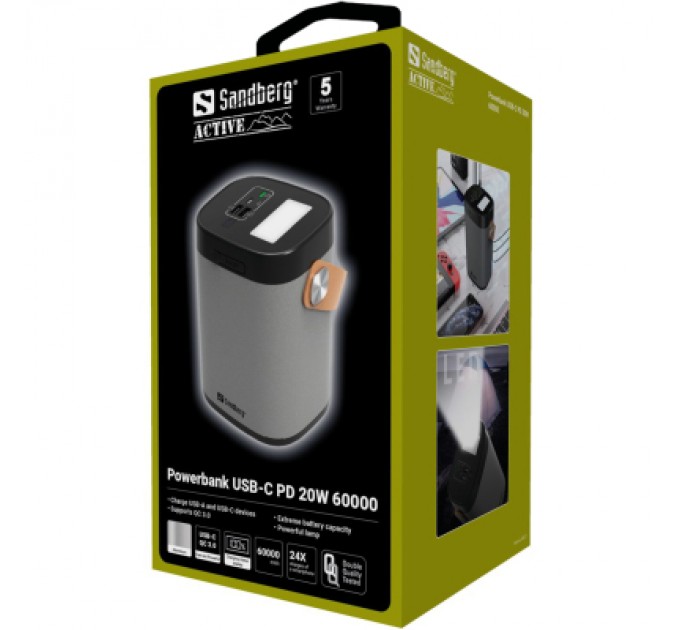 Sandberg Батарея універсальна Sandberg 60000mAh, PD/20W, QC/3.0, USB-C, USB-A*2(22.5W total), flashlight 3W (420-71)