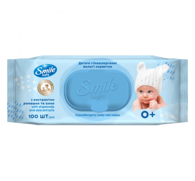 Дитячі вологі серветки Smile baby з екстрактом ромашки, алое і вітамінним комплексом з клапаном 100 шт (4823071653960)