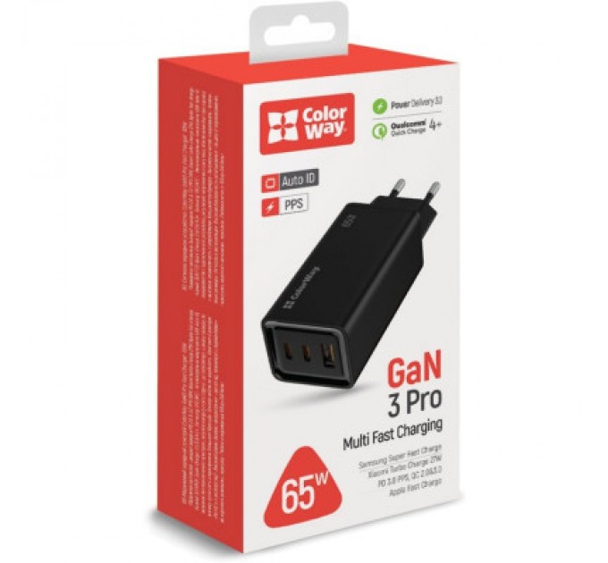 ColorWay Зарядний пристрій ColorWay GaN3 Pro Power Delivery (USB-A + 2 USB TYPE-C) (65W) (CW-CHS039PD-BK)