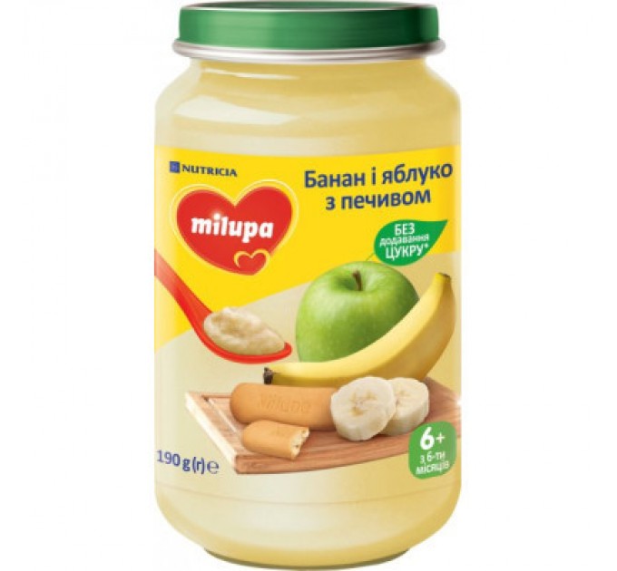 Milupa Дитяче пюре Milupa фруктового Банан, яблуко з печивом з 6 місяців 190 г (5900852051456)