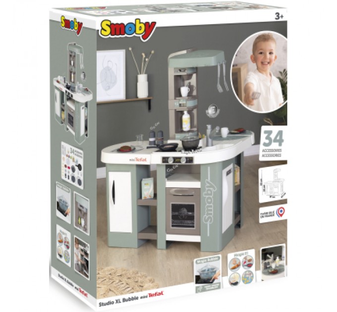 Smoby Ігровий набір Smoby Велика інтерактивна кухня Тефаль Студіо з ефектом кипіння 34 аксесуари М'ятно-сіра з білим (311053)