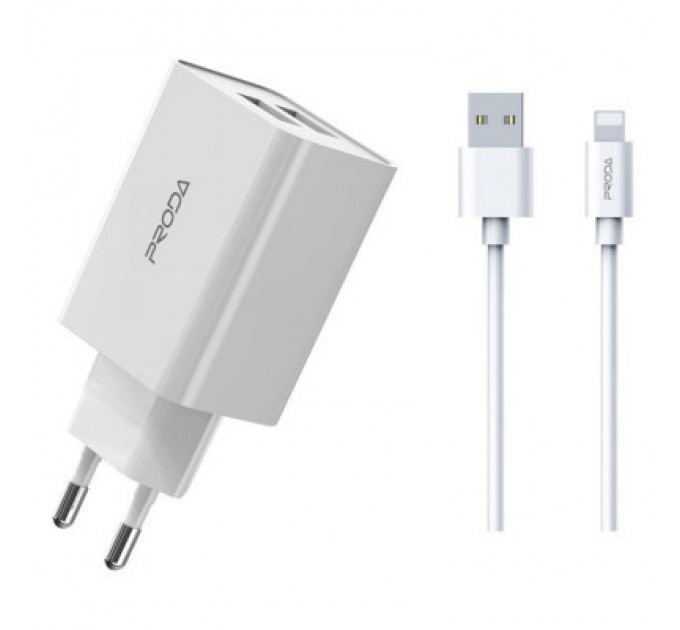 Proda Зарядний пристрій Proda PD-A28i 2хUSB 2.4A + USB Ligthtning 1.0m (PD-A28i-WH)