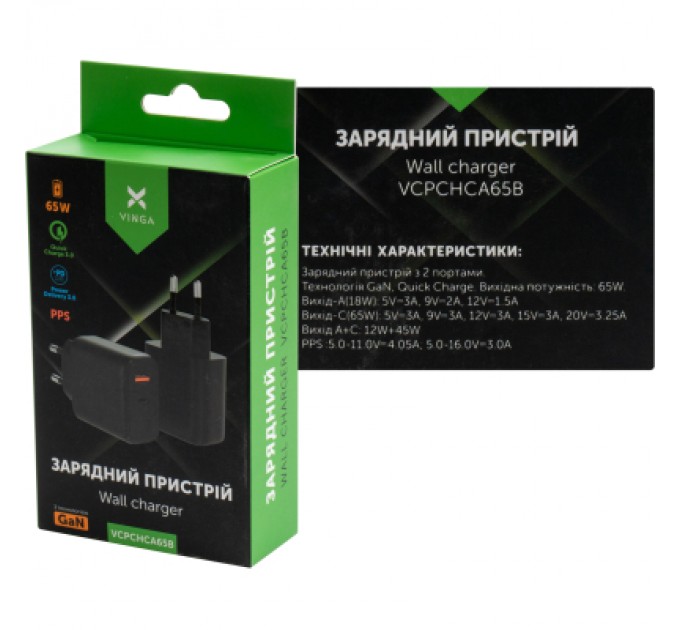 Зарядний пристрій Vinga GaN 65W PD+QC 1C1A ports Wall Charger (VCPCHCA65B)