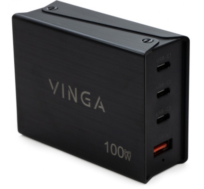 Vinga Зарядний пристрій Vinga GaN 100W PD+QC 3C1A ports 1.2m Wired Charger (VCPCH100CB)