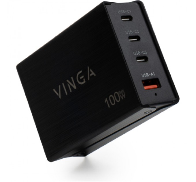 Vinga Зарядний пристрій Vinga GaN 100W PD+QC 3C1A ports 1.2m Wired Charger (VCPCH100CB)