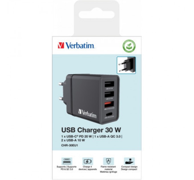 Зарядний пристрій Verbatim USB 30W PD3.0 4-ports black (49700)
