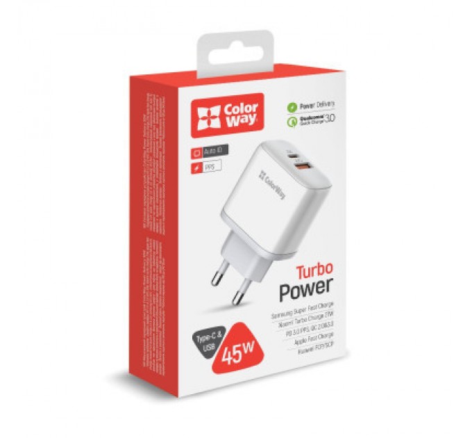 Зарядний пристрій ColorWay Power Delivery Port PPS USB (Type-C PD+ USB QC3.0) (45W) white (CW-CHS042PD-WT)