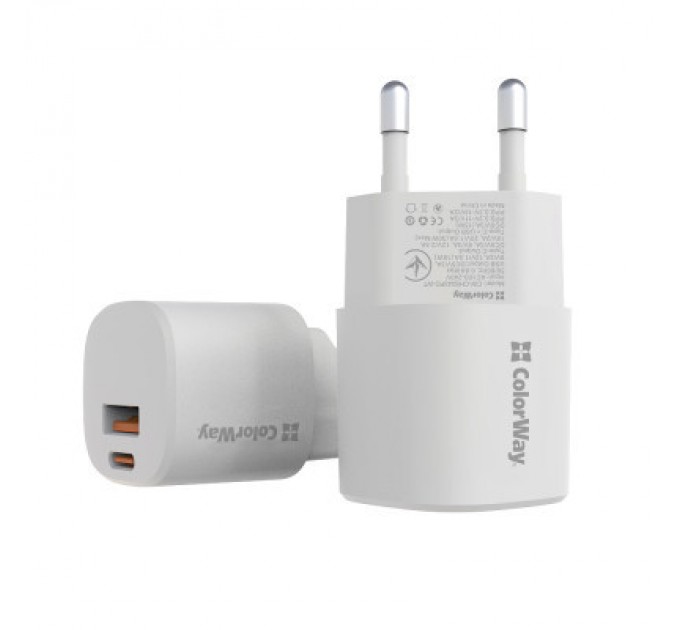 Зарядний пристрій ColorWay GaN PD Port USB PPS (Type-C PD + USB QC3.0) (33W) white (CW-CHS043PD-WT)