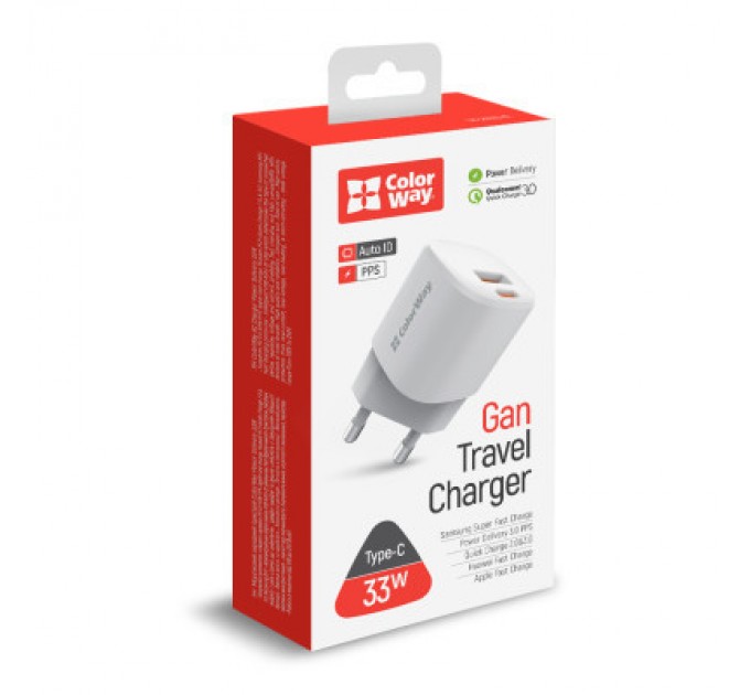 Зарядний пристрій ColorWay GaN PD Port USB PPS (Type-C PD + USB QC3.0) (33W) white (CW-CHS043PD-WT)