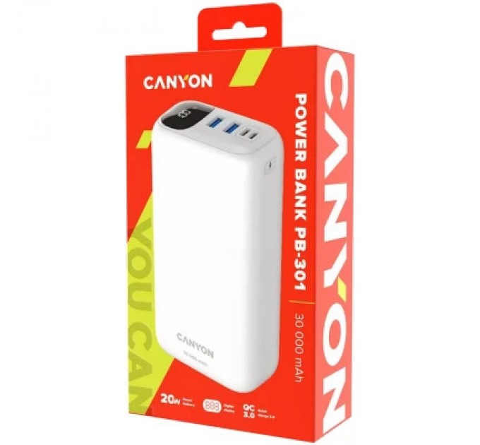 Canyon Батарея універсальна Canyon PB-301 30000mAh PD/20W, QC/3.0 (CNE-CPB301W)