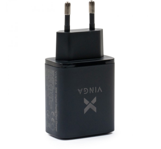 Зарядний пристрій Vinga 2xUSB-C PD30W + USB-A QC30W Display 30W Max (VCR30ACCDB)