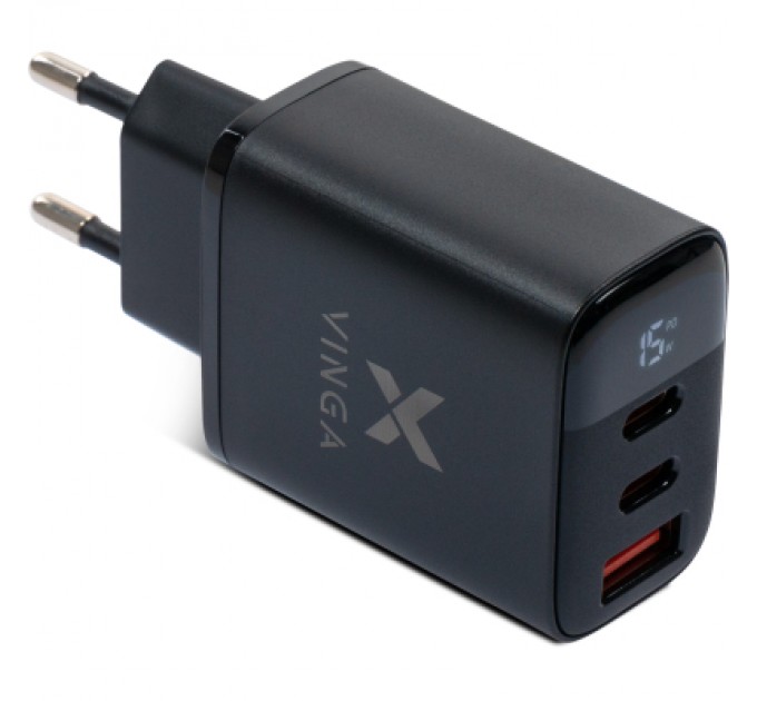 Зарядний пристрій Vinga 2xUSB-C PD30W + USB-A QC30W Display 30W Max (VCR30ACCDB)