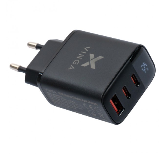 Зарядний пристрій Vinga 2xUSB-C PD30W + USB-A QC30W Display 30W Max (VCR30ACCDB)