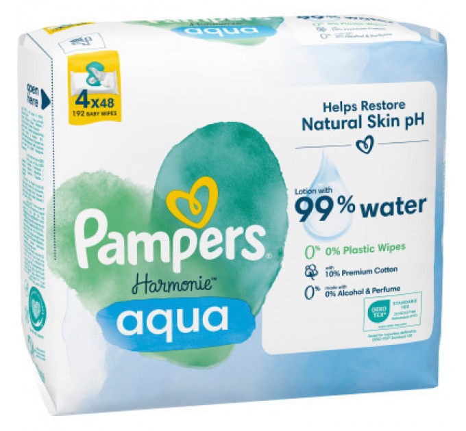 Pampers Дитячі вологі серветки Pampers Harmonie Aqua 4 пачки х 48 шт (8006540556139)
