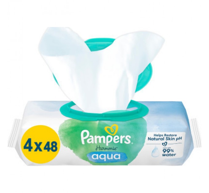 Pampers Дитячі вологі серветки Pampers Harmonie Aqua 4 пачки х 48 шт (8006540556139)