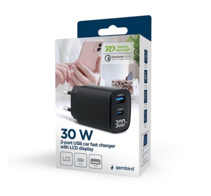 Gembird Зарядний пристрій Gembird 1xUSB-A (QC3.0 18W) + 1 Type-C (PD20W) LCD black (TA-UC-PDQC30LCD-BK-01)