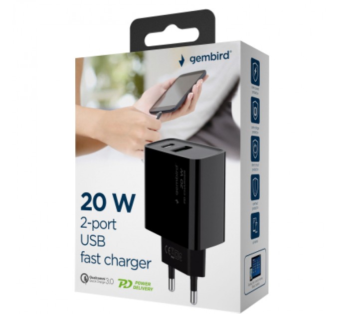 Зарядний пристрій Gembird 1xUSB-A + 1 Type-C (PD20Вт + QC3.0 18Вт) black (TA-UC-PDQC20-01-BK)