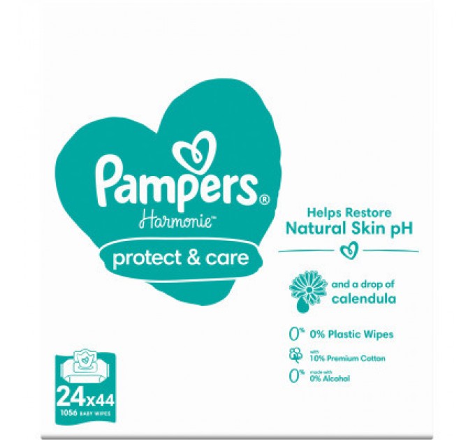 Pampers Дитячі вологі серветки Pampers Harmonie Protect&Care з календулою 24 пачки х 44 шт (8700216250603)