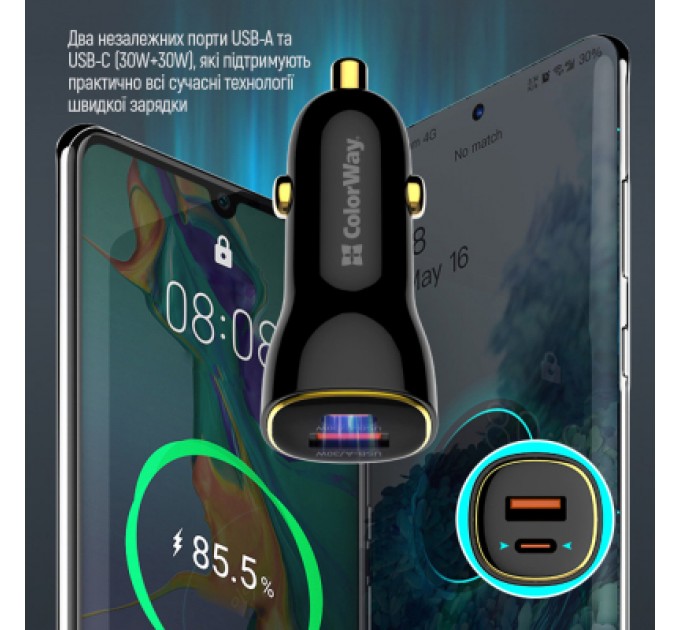 ColorWay Зарядний пристрій ColorWay PowerDelivery PPS USB (USB-A + USB-C) (60W) Black (CW-CHA046PD-BK)