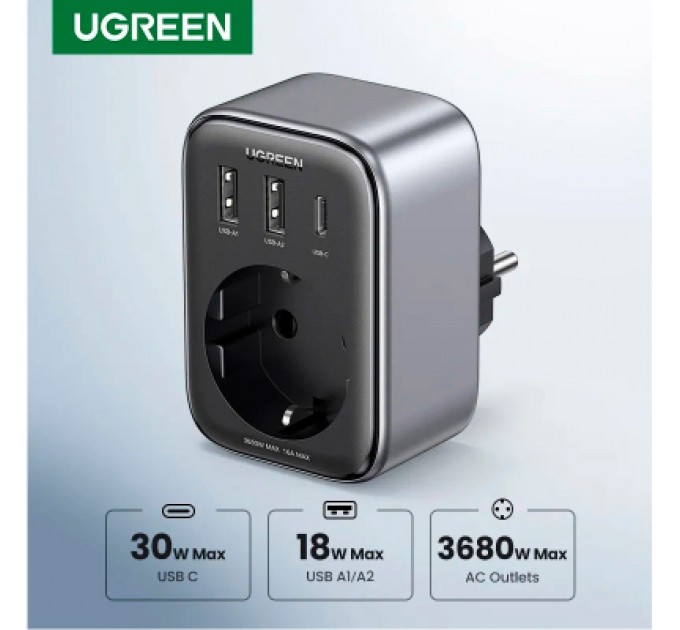 Ugreen Зарядний пристрій Ugreen 3xUSB 30W Outlet Extender (2хUSB-A+USB-C) CD314 (90613)