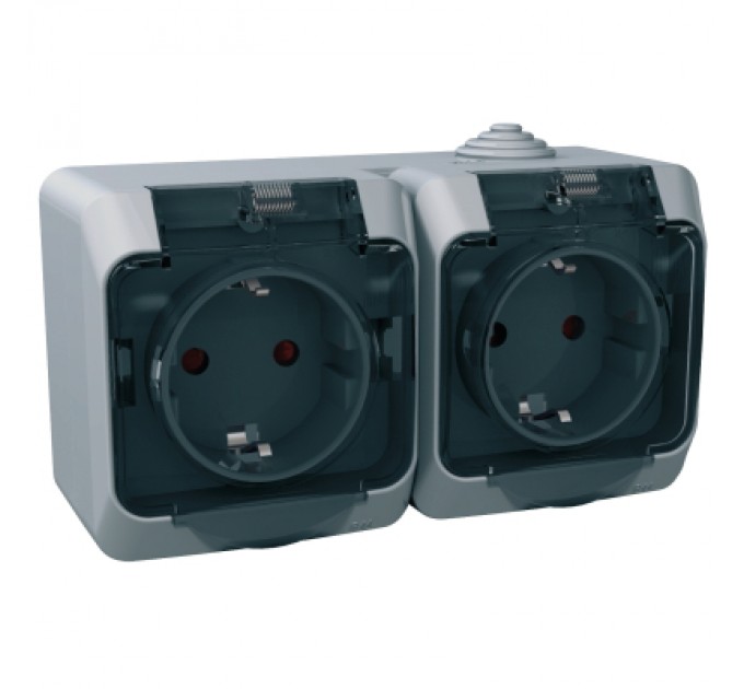 Schneider Electric Розетка Schneider Electric CEDAR подвійна 2К+З зі шторками та прозорою кришкою сіра IP44 (WDE000625)