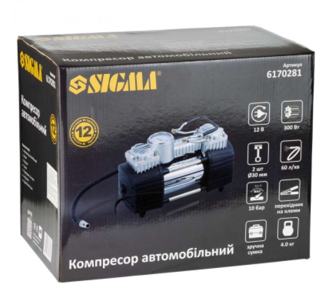 Автомобільний компресор Sigma 12В, 300Вт, 60л/мин, 10бар (6170281)