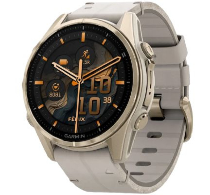 Garmin Смарт-годинник Garmin fenix 8 43mm, AMOLED, Saph, SftGldSS/FogGryLeatherBnd, Excl, GPS (010-02903-40)