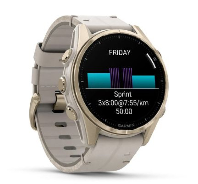 Garmin Смарт-годинник Garmin fenix 8 43mm, AMOLED, Saph, SftGldSS/FogGryLeatherBnd, Excl, GPS (010-02903-40)