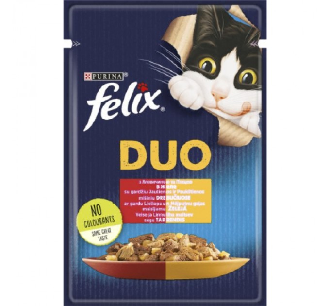 Вологий корм для кішок Purina Felix Fantastic Duo з яловичиною та птицею шматочки в желе 85 г (7613287027597)