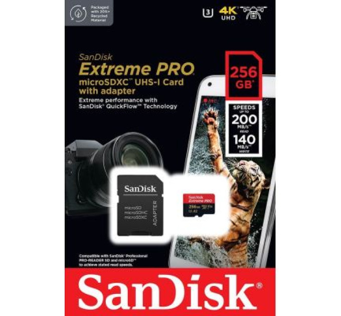 SanDisk Карта пам'яті SanDisk 256 GB microSDXC UHS-I U3 Extreme Pro+SD Adapter (SDSQXCD-256G-GN6MA)