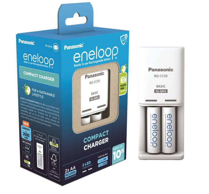 Panasonic Зарядний пристрій для акумуляторів Panasonic Compact Charger + Eneloop 2AA 2000 mAh (K-KJ50MCD20E)