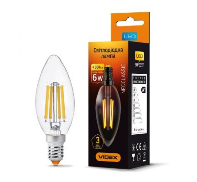 Лампочка Videx Filament C37F 6W E14 3000K 220V (VL-C37F-06143)
