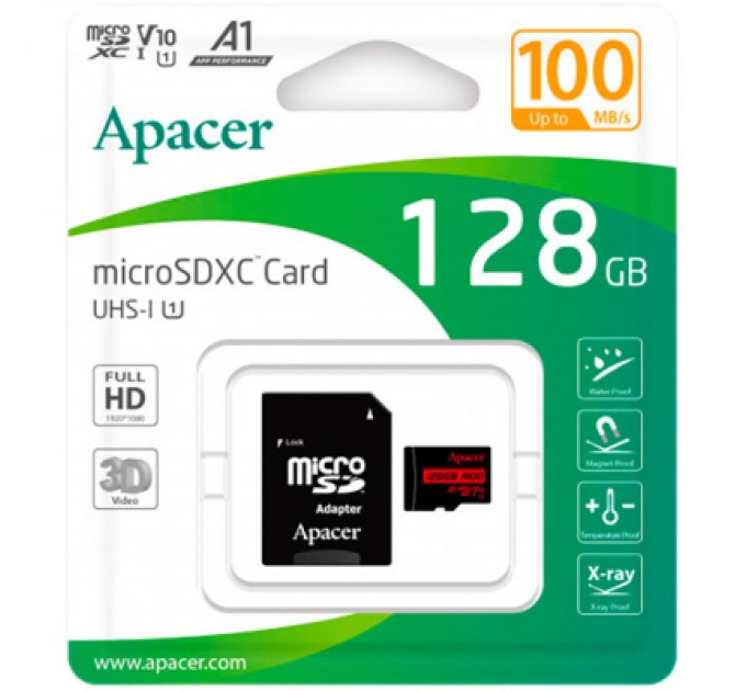 Карта пам'яті Apacer 128GB microSD class 10 UHS-I V10 A1 (AP128GMCSX10UB-R)