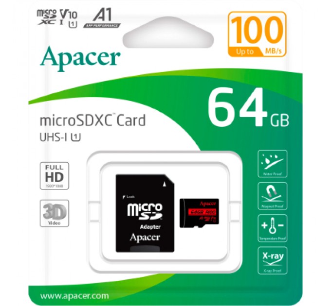 Карта пам'яті Apacer 64GB microSD class 10 UHS-I V10 A1 (AP64GMCSX10UB-R)