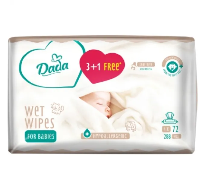 Dada Дитячі вологі серветки Dada Sensitive 3+1 без запаху (4 х 72 шт.) (4820174980849)
