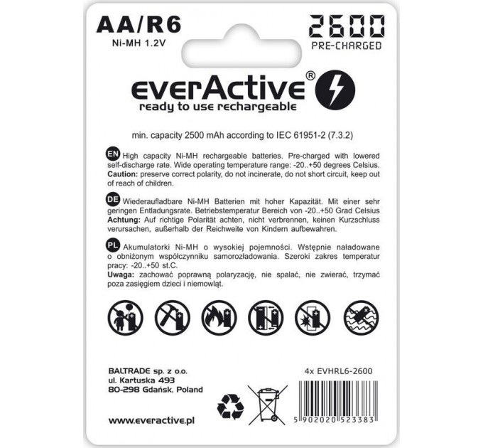 Аккумулятор everActive AA/HR06 Ni-MH 2600mAh BL 4шт