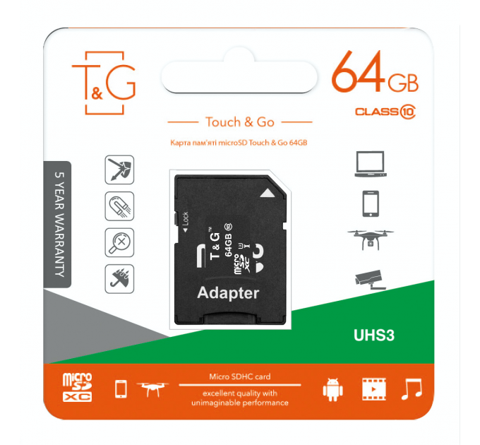 T&G Карта памяти MicroSDXC  64GB UHS-I U3 Class 10 T&G + SD-adapter (TG-64GBSDU3CL10-01)