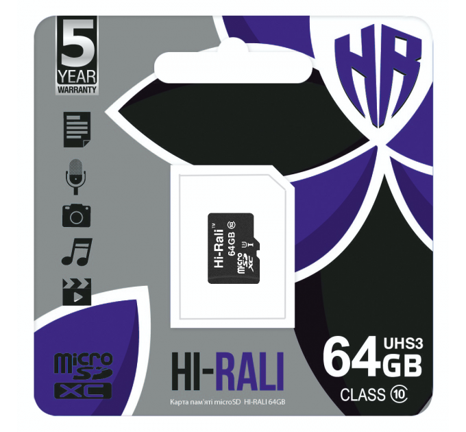 Hi-Rali Карта памяти MicroSDXC  64GB UHS-I/U3 Class 10 Hi-Rali (HI-64GBSDU3CL10-00)