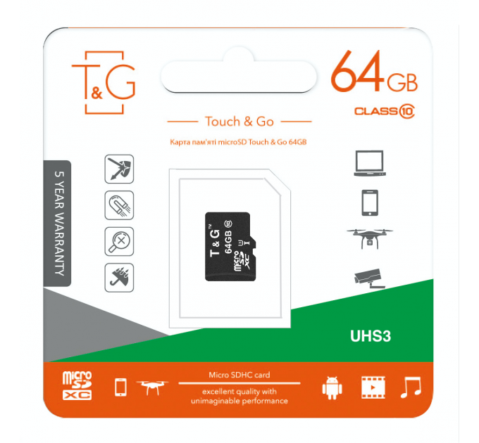 T&G Карта памяти MicroSDXC  64GB UHS-I/U3 Class 10 T&G (TG-64GBSDU3CL10-00)