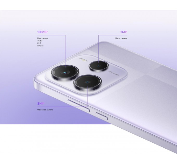 Xiaomi Смартфон Xiaomi Redmi Note 14 5G 6/128GB Lavender Purple; 6.67" (2400х1080) AMOLED / MediaTek Dimensity 7025 Ultra / ОЗУ 6 ГБ / 128 ГБ встроенной + microSD до 1 ТБ / камера 108+8+2 Мп + 20 Мп / 5G / Bluetooth, Wi-Fi, NFC / GPS, Galileo, Glonas