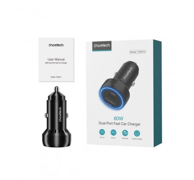 Choetech Автомобильное зарядное устройство Choetech (1USB Type C; 1USB) 60W PD3.0 QC3.0 Black (TC0014)