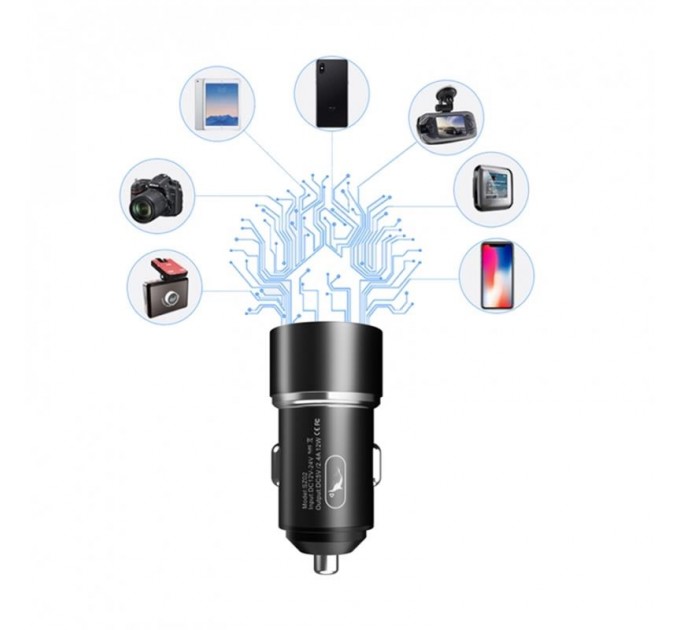 SkyDolphin Автомобильное зарядное устройство SkyDolphin SZ02L Aluminium (2USB, 2.4A) Black (AZP-000071) + кабель Lightning