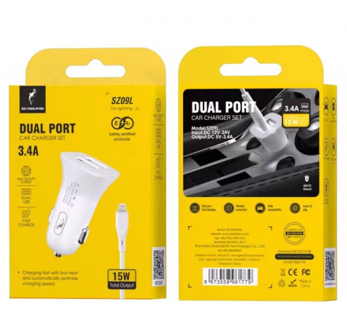 Автомобильное зарядное устройство SkyDolphin SZ09L (2USB, 3.4A) White (AZP-000108) + кабель Lightning